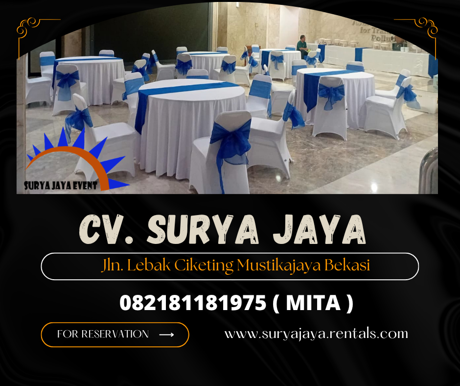 Rental Meja Bundar,Kursi Futura Cover Putih Pita Biru Jakarta