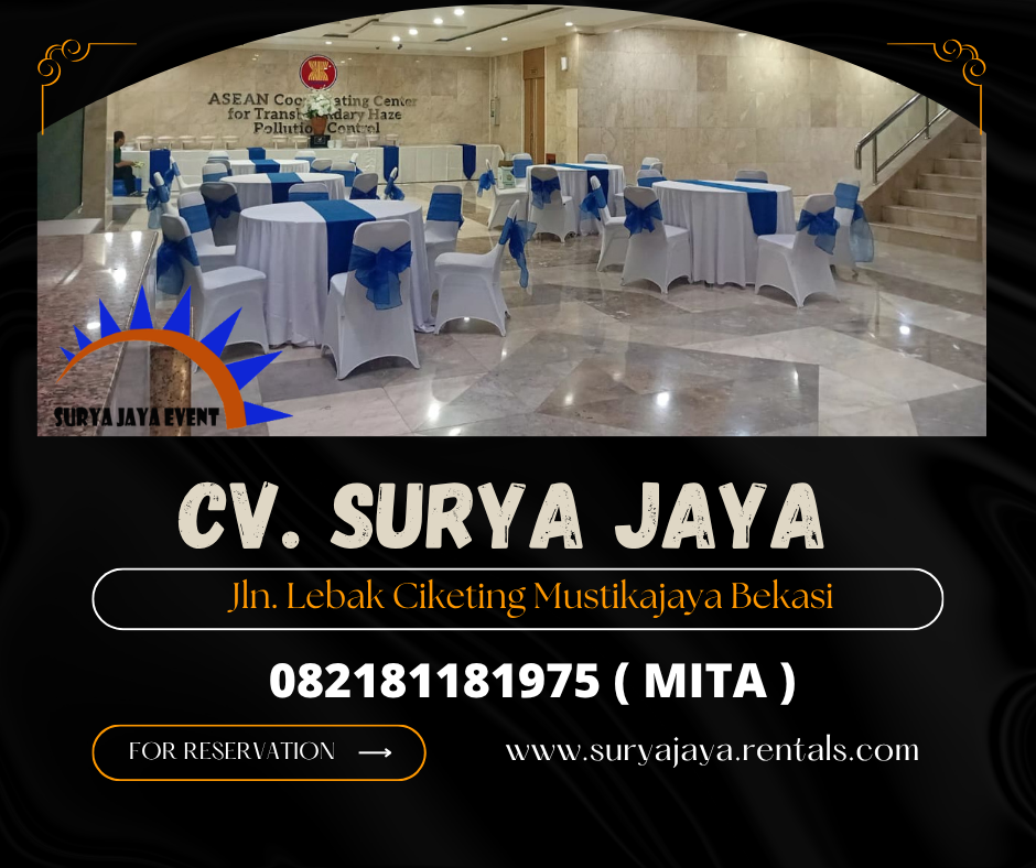 Rental Meja Bundar,Kursi Futura Cover Putih Pita Biru Jakarta