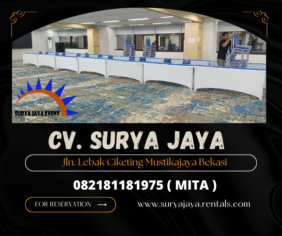 Sewa MEJA IBM 180x45cm Cover putih KLH Kuningan jaksel