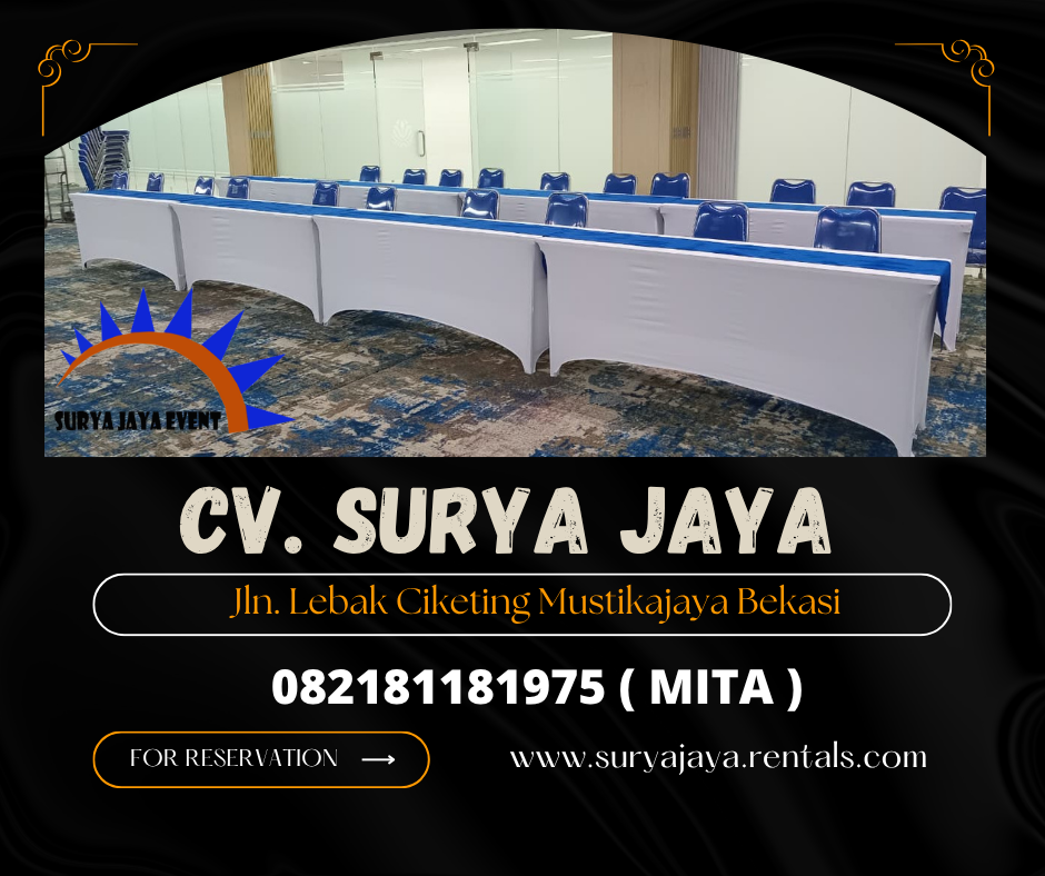 Sewa MEJA IBM 180x45cm Cover putih KLH Kuningan jaksel