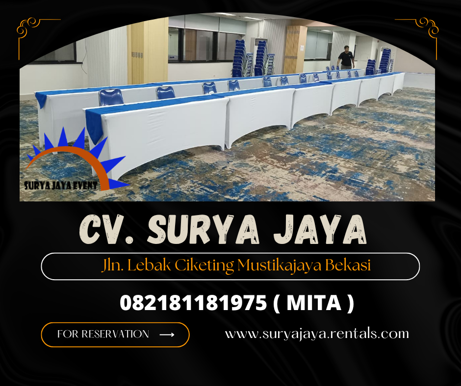 Sewa MEJA IBM 180x45cm Cover putih KLH Kuningan jaksel